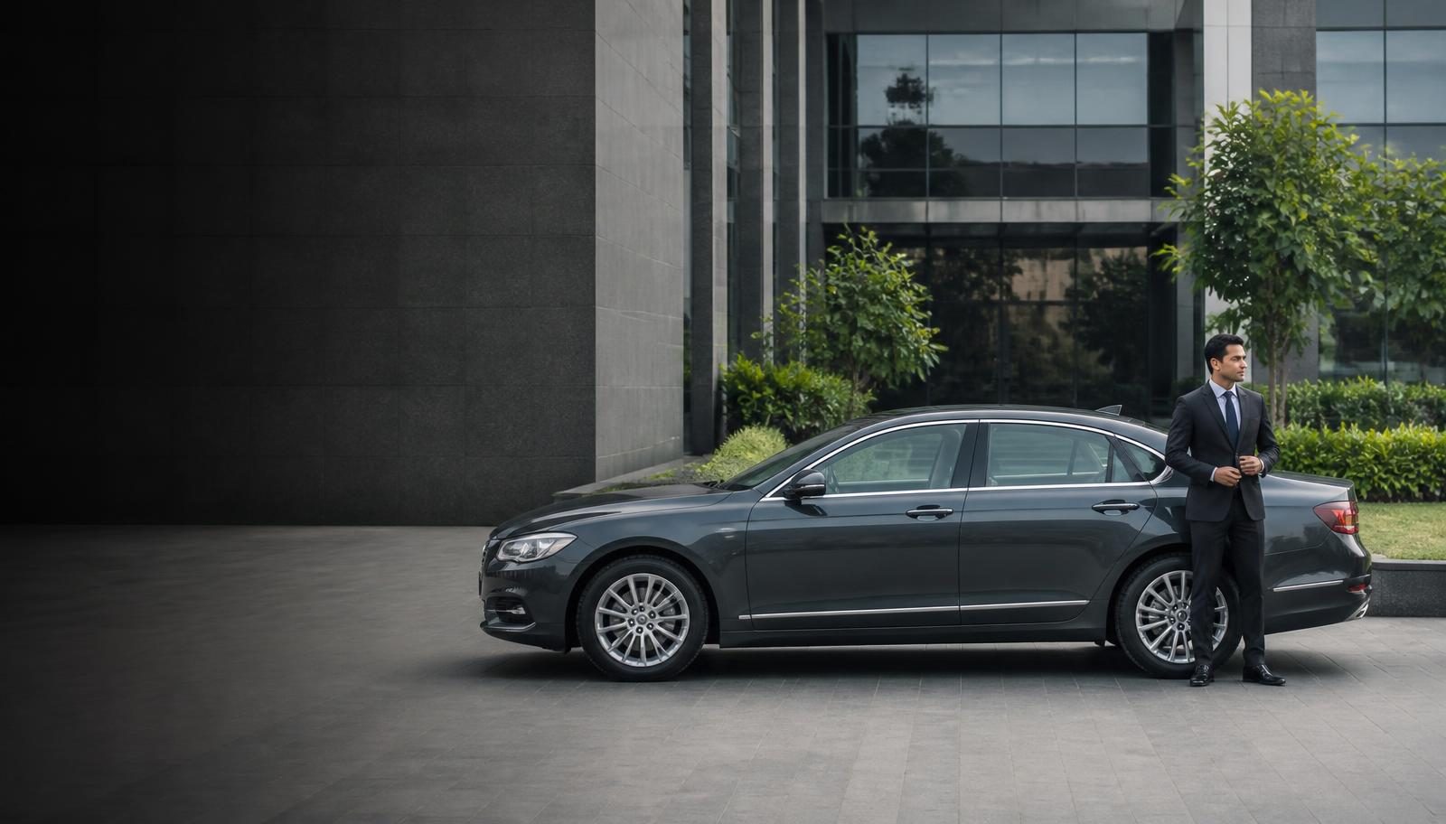 Executive sedan and business professional outside a modern corporate office